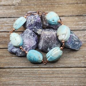 Aqua Vintage Egyptian Scarab and Copper Link Bracelet